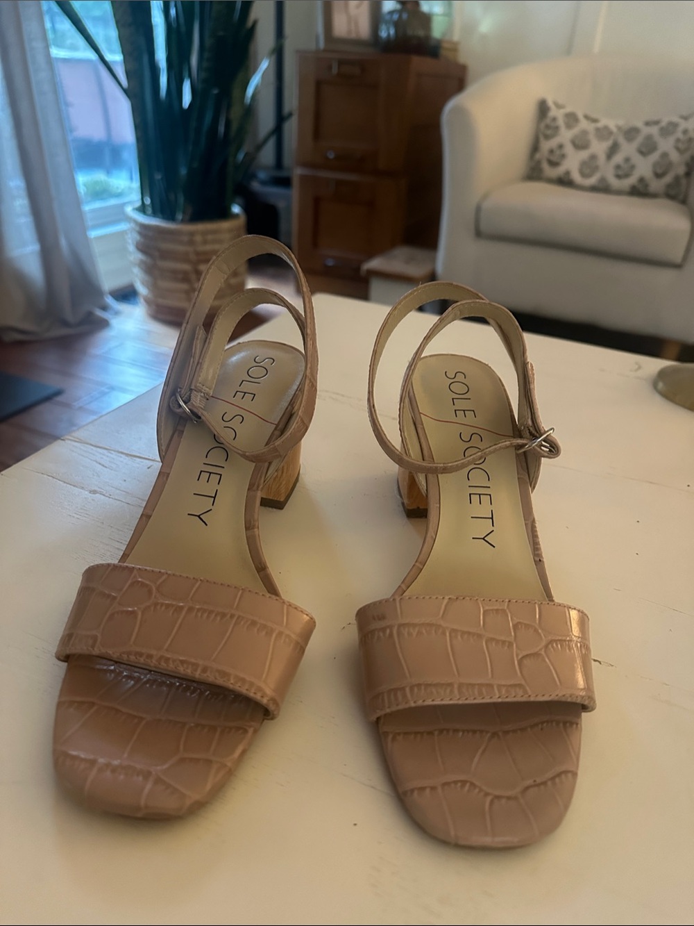 Sole Society Nude Croc-Embossed Low Block Heels size 7